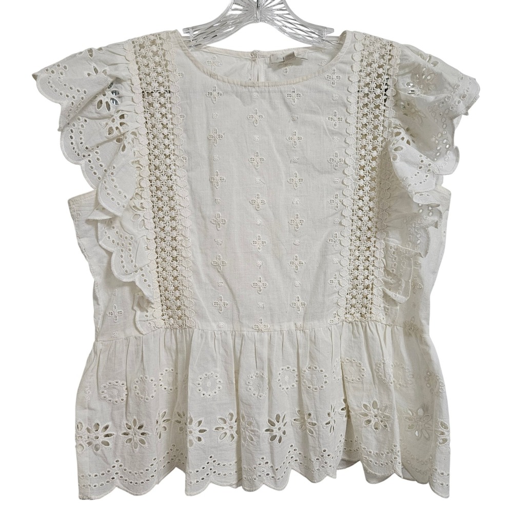 Jennifer Grace Cream Eyelet Lace Peplum Top Ruffle Sleeve Cotton Womens Sm Boho